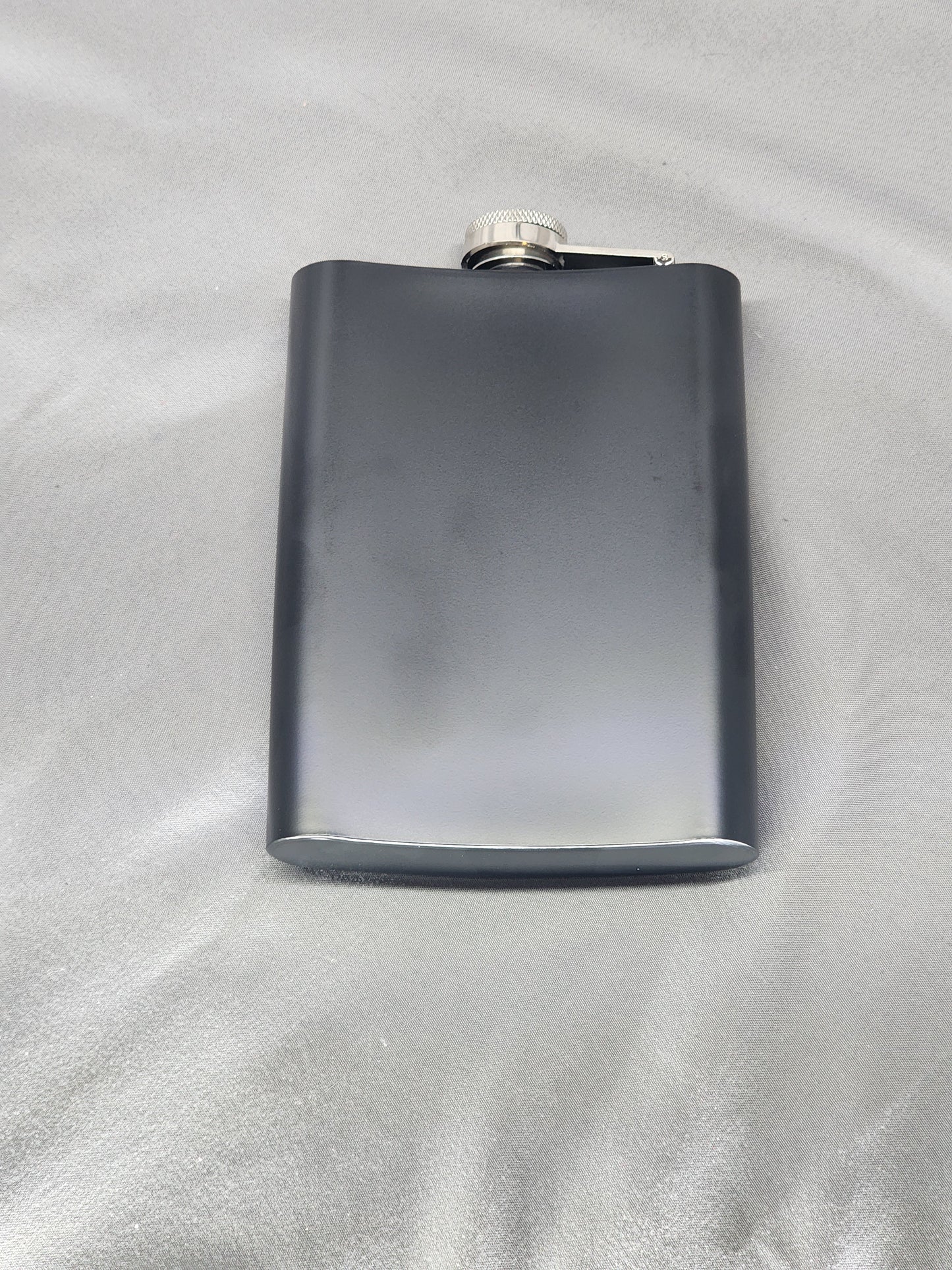 Hip Flask engraved 8oz Black with silver lid and funnel great for special occasions or gifts